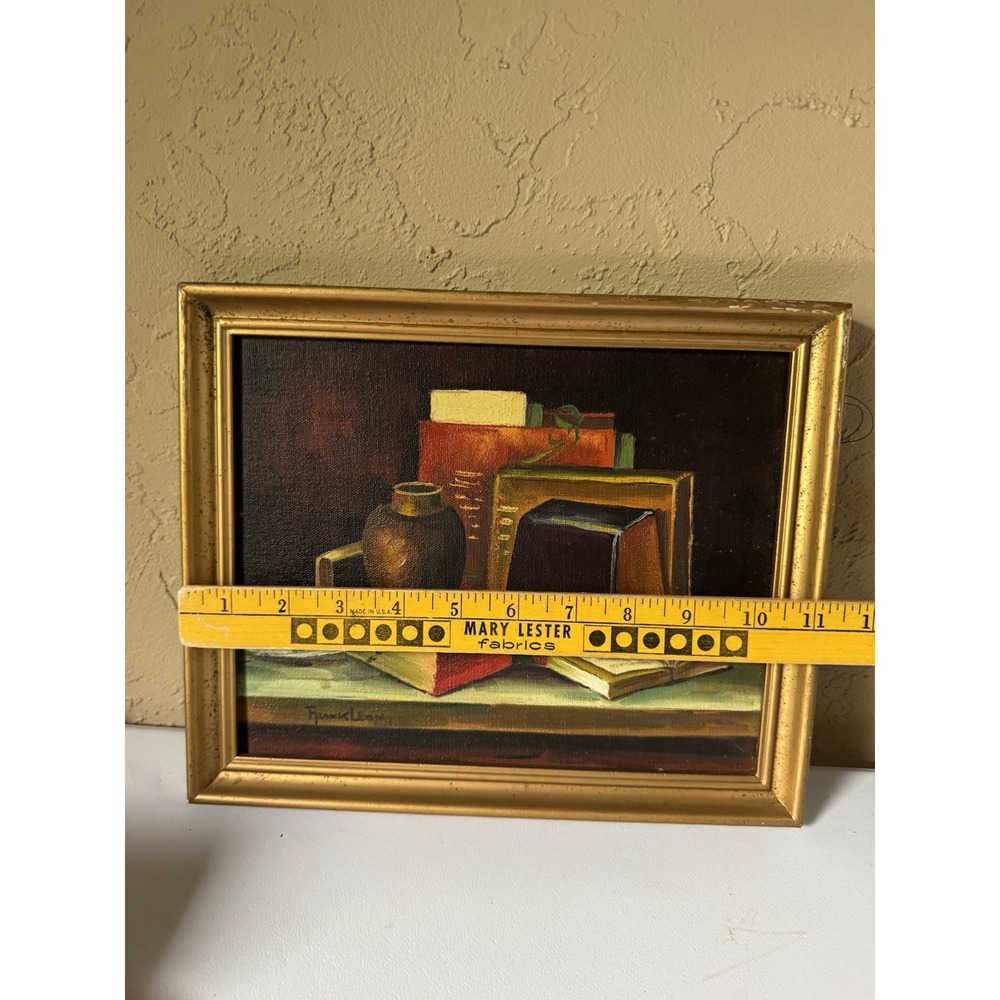 Vintage Frank Lean Original Oil Painting Still Life Books Vase Gold Frame Signed - Picture 6 of 9
